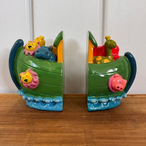 Noah's Ark Bookends Ceramic Enamel Nursery Lion Tiger Hippo Elephant Pig - Picture 1 of 6